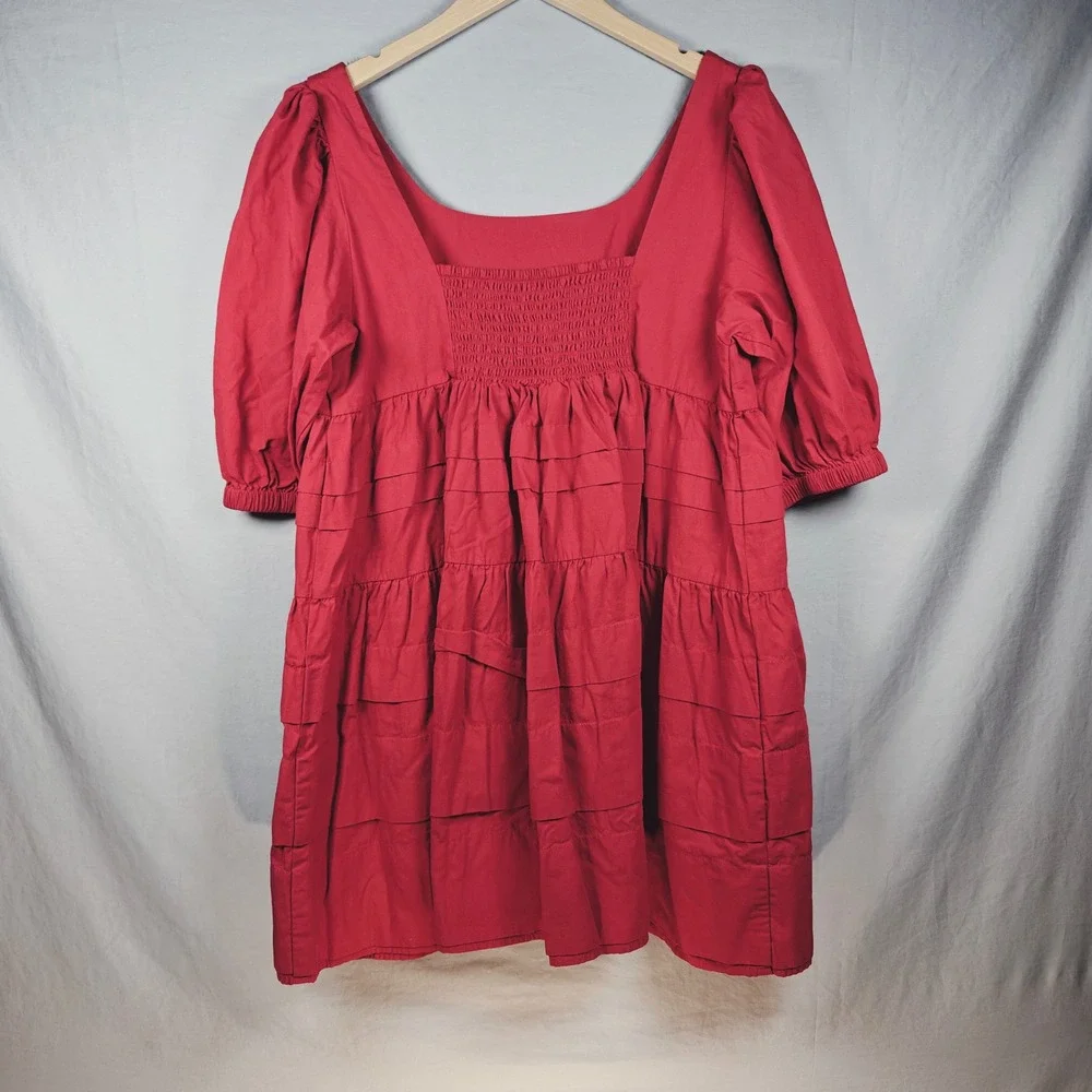 Red Cotton Puff Sleeve Babydoll Pintuck Tiered Mini Dress made by E.L.F. XL - Picture 2 of 11